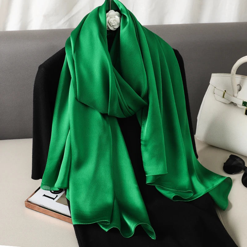 2024 Luxury Brand Silk Scarf for Women Large Shawl Wrap Headband Solid Design Hijab Beach Stoles Female Foulard Echarpe Bandana