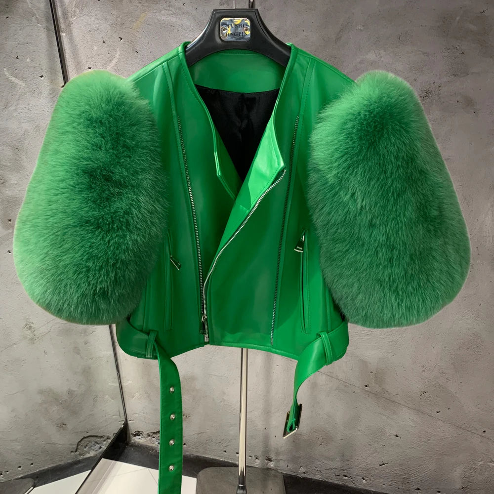 Leather Fur Jacket Natural Fur Sleeve Ladies Short Leather Jacket Real Fox Fur Sleeve Coat Women Autumn 21001-1