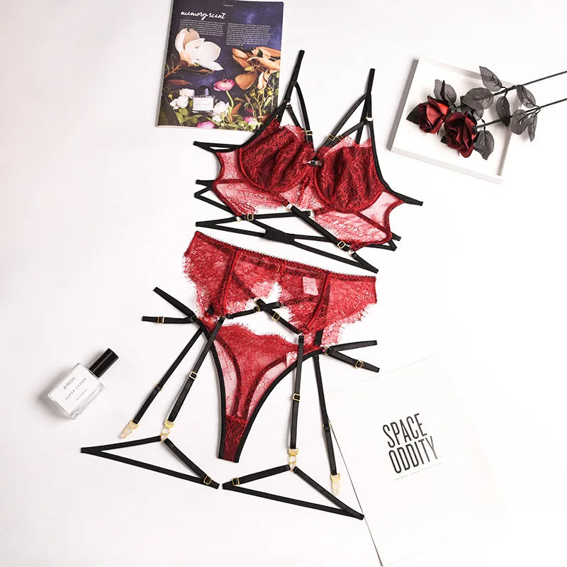 New Lace Sexy Lingerie Transparent Hot Porno Lace Erotic Underwear Bra Set And Garter Hot Erotic Sleepwear