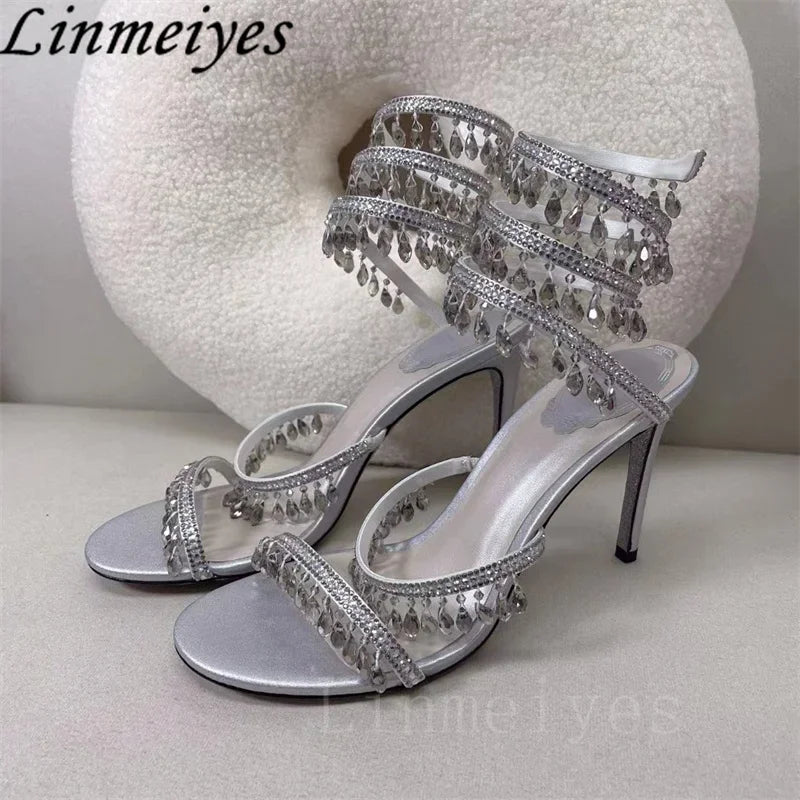 Summer High Heels Sandals Women Rhinestone String Bead Ankle Snake Twine Around Wedding Shoes Lady Gladiator Sandals Woman