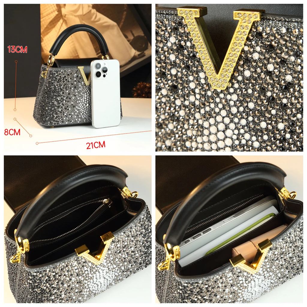 Luxury Fashion Diamonds Women's Handbags 2025 New V Letter Small Shoulder Crossbody Bag Genuine Leather Messenger Shell Bags