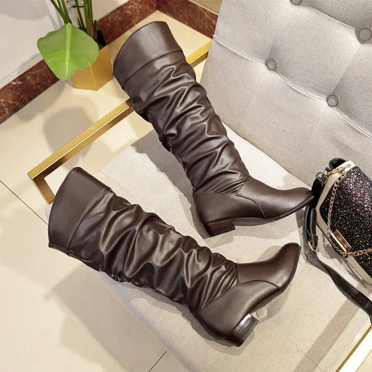 Autumn and Winter New Knee High Boots Women Designer Heel High Black Boots Women's Leather Boots Plus Size 35-43 Botas De Mujer
