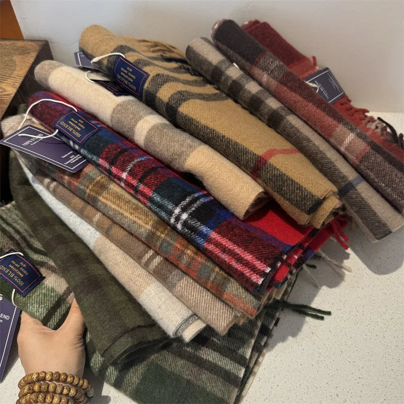 Faux Cashmere Plaid Scarf British Classic Style Light Luxury Unisex Warm Winter Autumn Neck Wrap for Couple