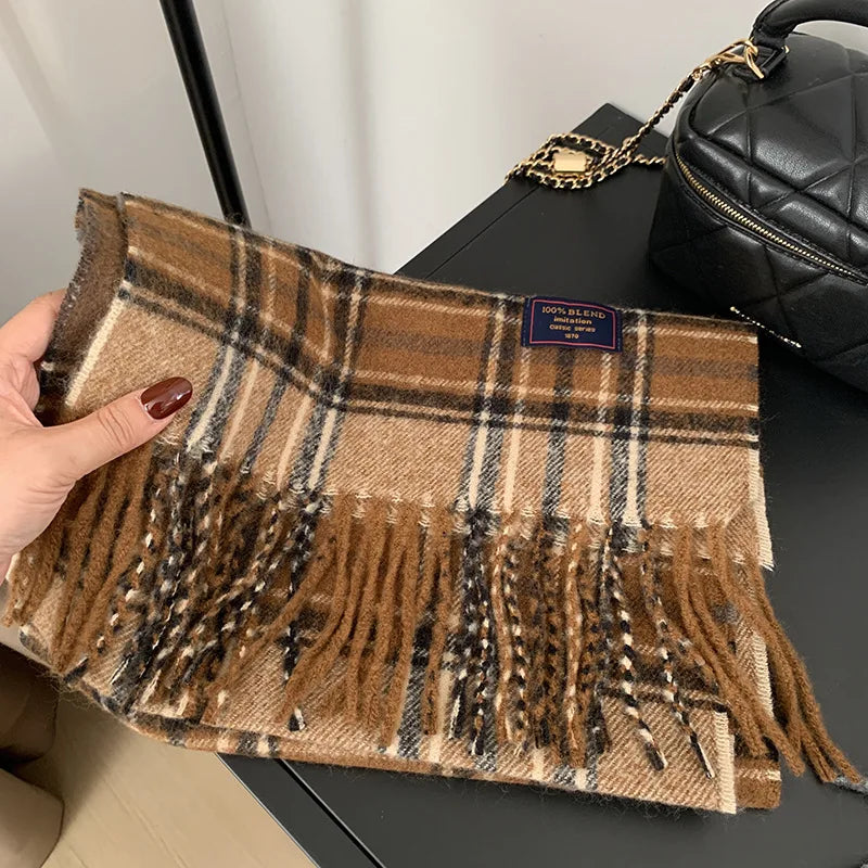 Faux Cashmere Plaid Scarf British Classic Style Light Luxury Unisex Warm Winter Autumn Neck Wrap for Couple