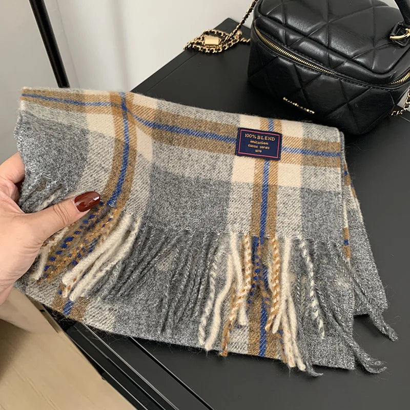 Faux Cashmere Plaid Scarf British Classic Style Light Luxury Unisex Warm Winter Autumn Neck Wrap for Couple