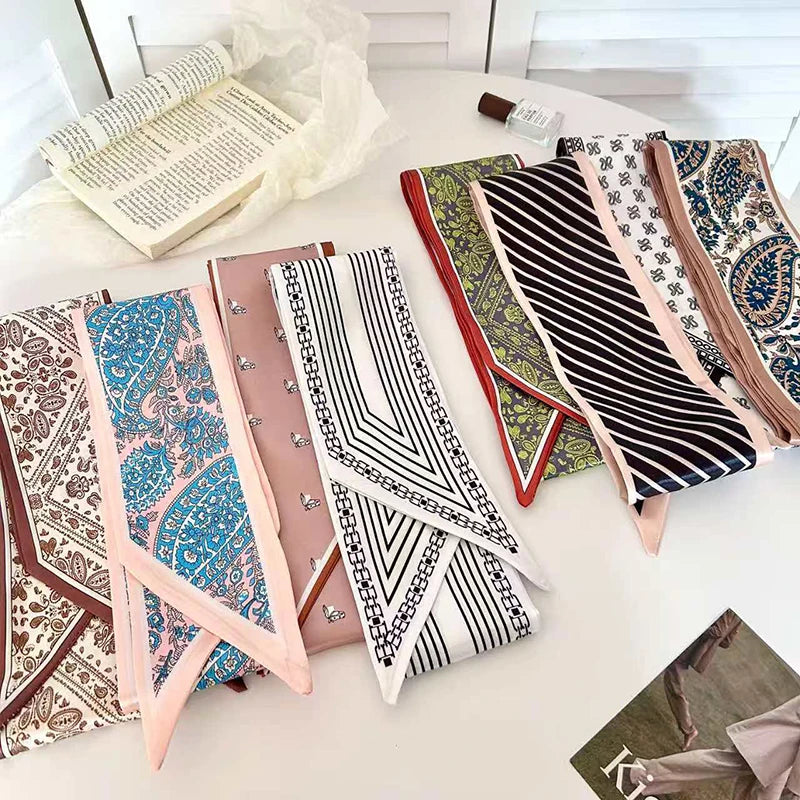 Luxury Brand Model Striped Printing Bag Handbag Handle Ribbon Scarf Small Silk Scarf Women Hair Band Neck Scarves Neckerchief