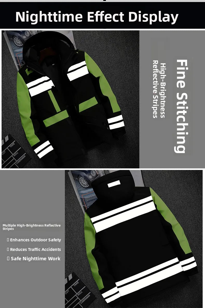 Thiened Fce Workwear Jaet ex Warm Windproof Reflective Cotton Coat Men's Casual Sle Removable Hat Zipper Closure