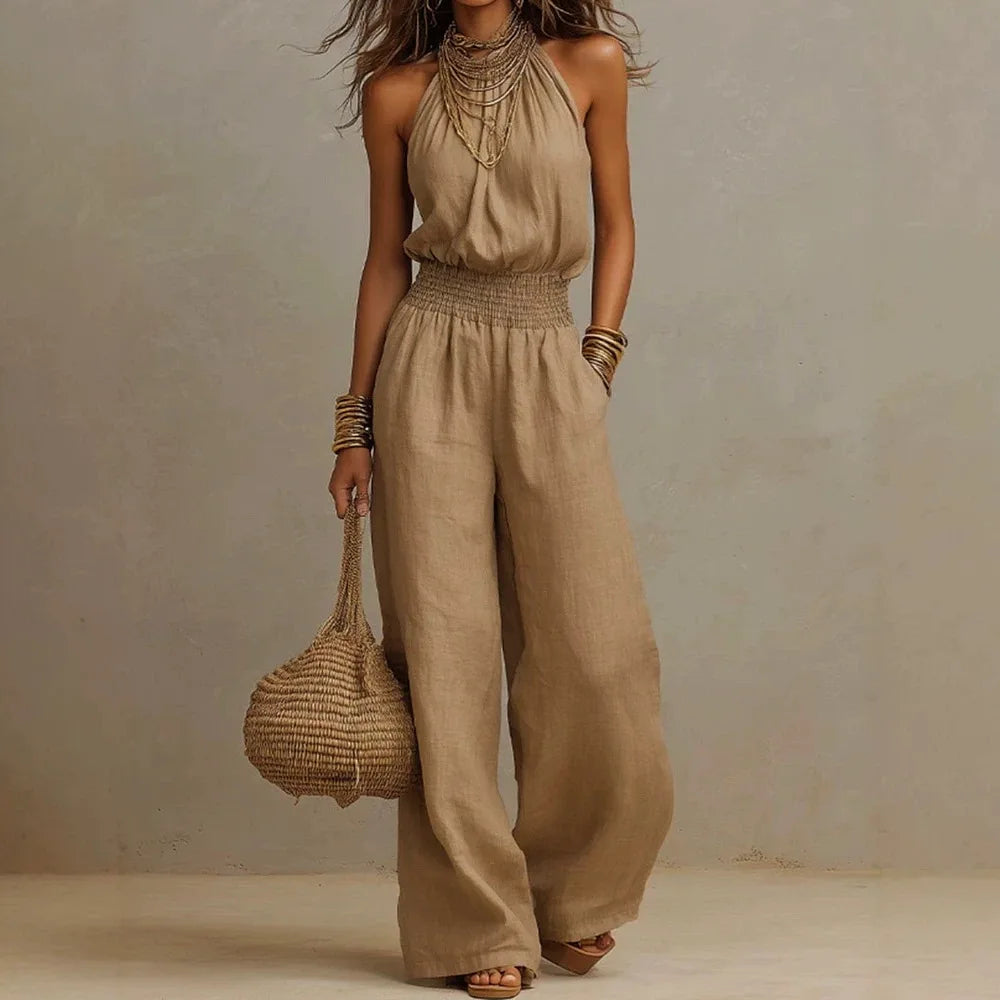 New Sleeveless Linen Backless Jumpsuit Women's Cross-Border Street Style Wide Leg Pants Long Trousers No Neck Label