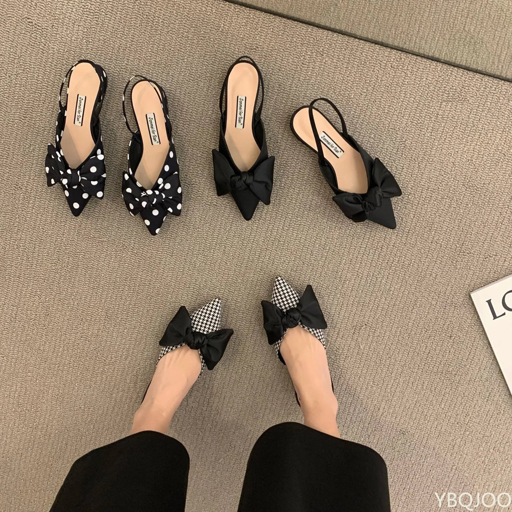 Bow Sandals Women 2026 Summer Pointed Low Heel Sandals Women Fashion Baotou Thin Strap Sandals High Heels Sandalias De Mujer