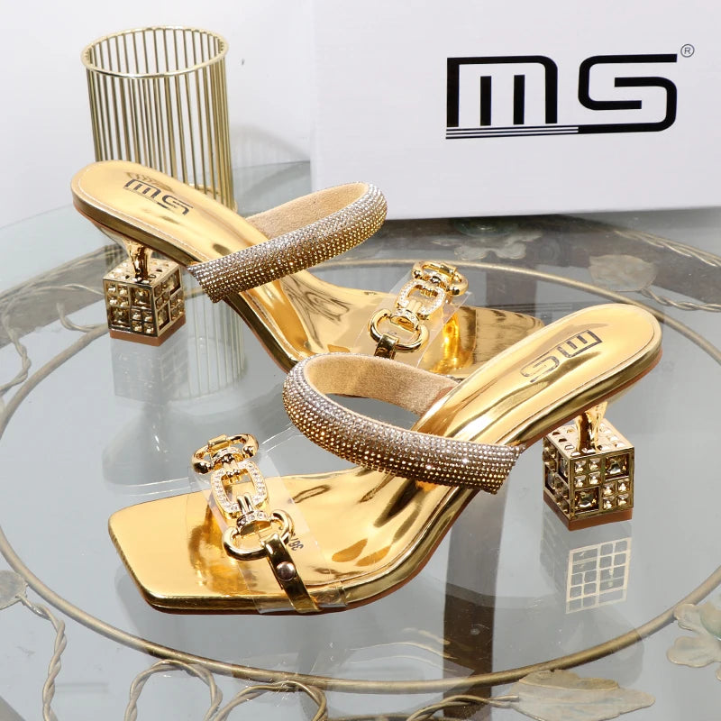 Women's slippers 2026 summer fashion Transparent belt metal decoration box shaped square Alien heel high heels wearing sandals