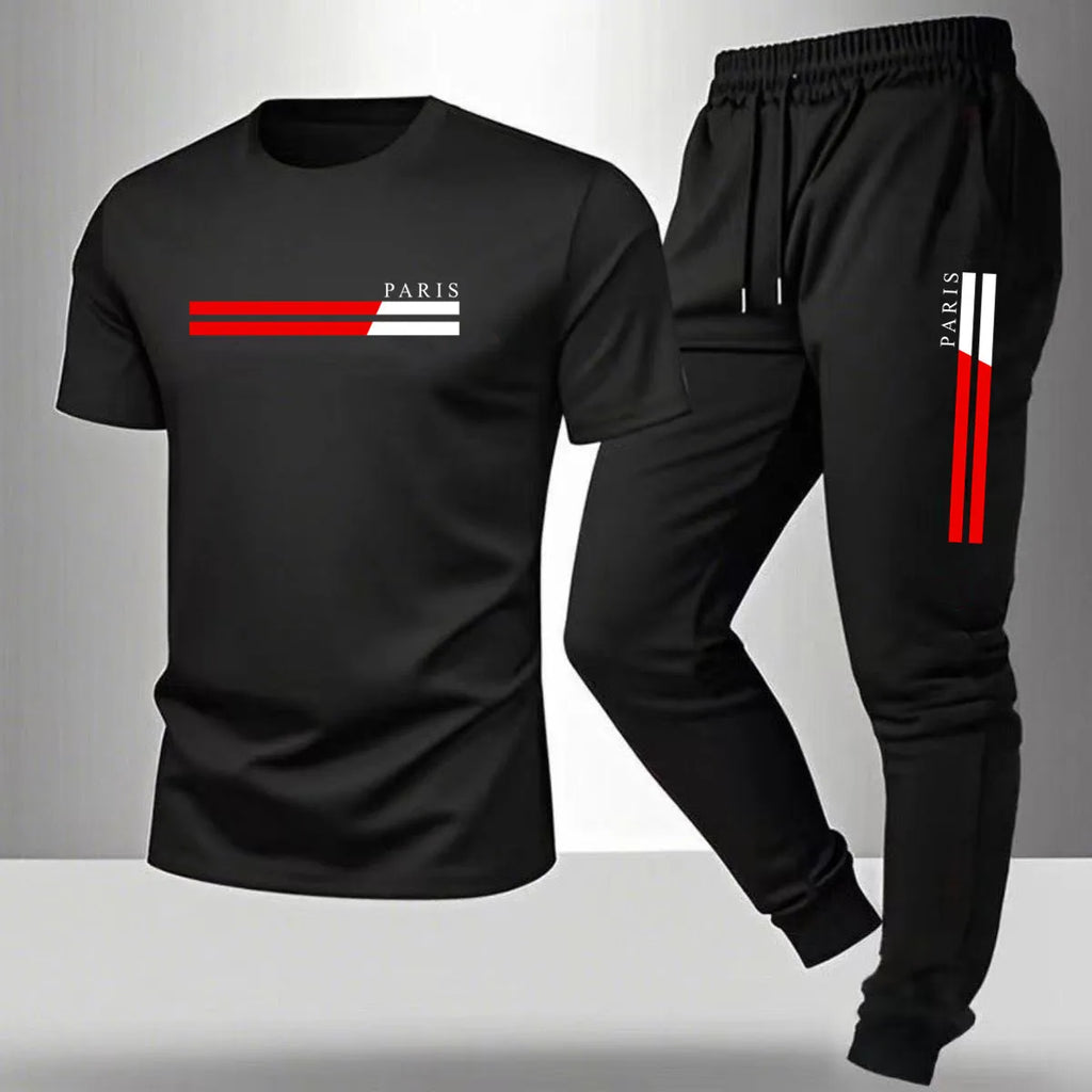 Men's casual sports outfit, printed round-neck short-sleeved T-shirt and long pants, suitable for outdoor wear.