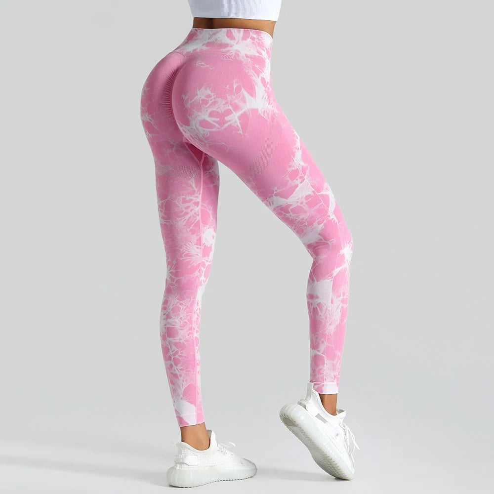 Women's High Waist Seamless Yoga Pants, Tie Dye Print Peach Shaped Butt Lifting Leggings for Running Fitness Workout