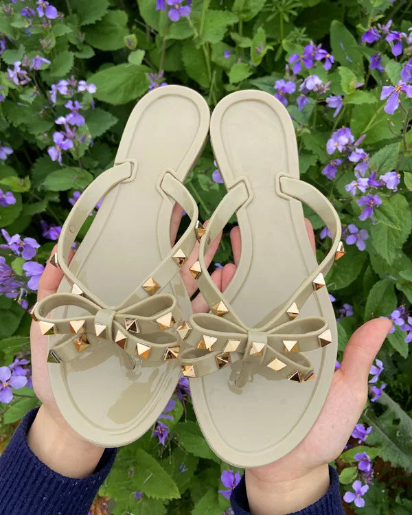Ladies Leisure Waterproof Shoes Summer Zoris Slippers In Flats Clear Yellow Flip-Flops With Gold Stud Bow-Knot PVC Slides 36-42