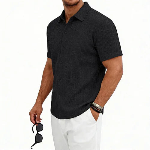 European and American Men's Casual Jacquard Shirt Men's Summer Solid Color Lapel Breathable Men's Short-Sleeved Shirt Top
