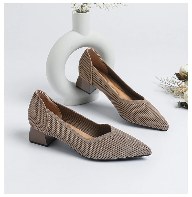 2026 New Women's High Heels Large 42/43 Fashion Pointed Anti slip Rubber Bottom Knitted Breathable Shoes