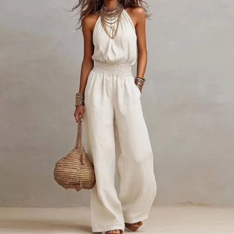 Boho Halter Backless Jumpsuit  Wide Leg Summer Romper