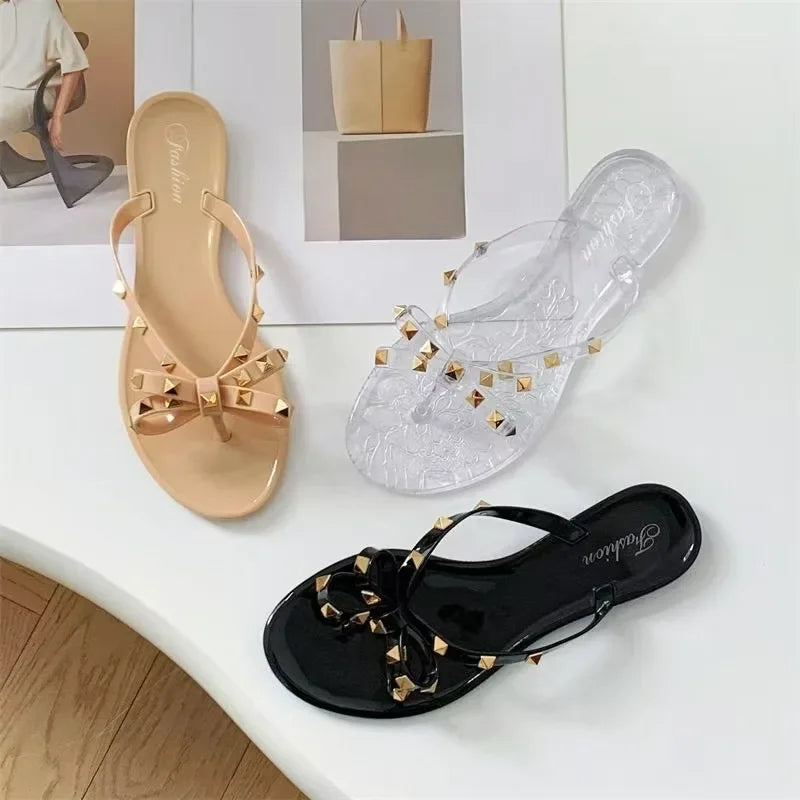 Summer Women Slippers Bow Flip Flops Rivet Flats Sandals Outdoor Transparent Crystal Beach Shoes Female Open Toe Shoes