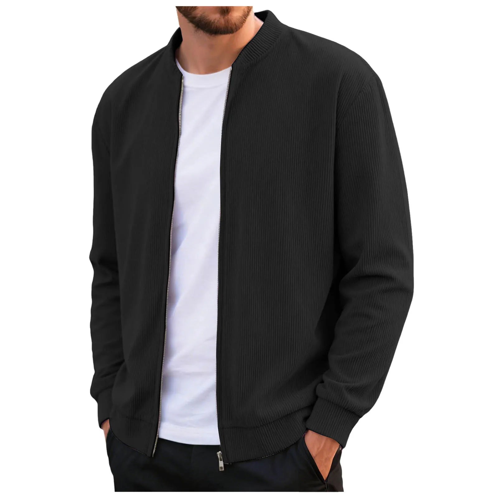 Corduroy Solid Color Men'S Casual Coat Round Neck Zipper Long Sleeve Outerwear Autumn/Winter Stylish Male Jacket Overcoat