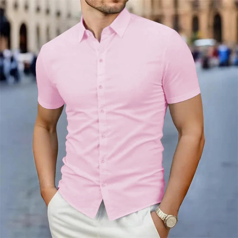 2025 New Men's Business Casual Solid Color Short Sleeved Shirt for Summer Fashion No Ironing Comfortable and Versatile Top