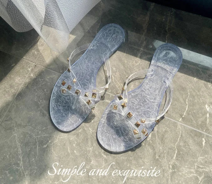 Ladies Leisure Waterproof Shoes Summer Zoris Slippers In Flats Clear Yellow Flip-Flops With Gold Stud Bow-Knot PVC Slides 36-42