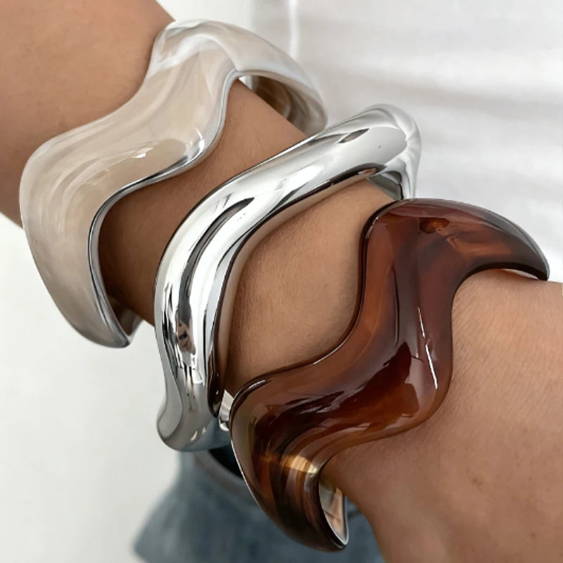 3 Pcs Irregular Wavy Resin Metal Bangle Set For Women Open Cuff Bracelets Bohemian Beach Vacation Stackable Trendy Jewelry Gifts