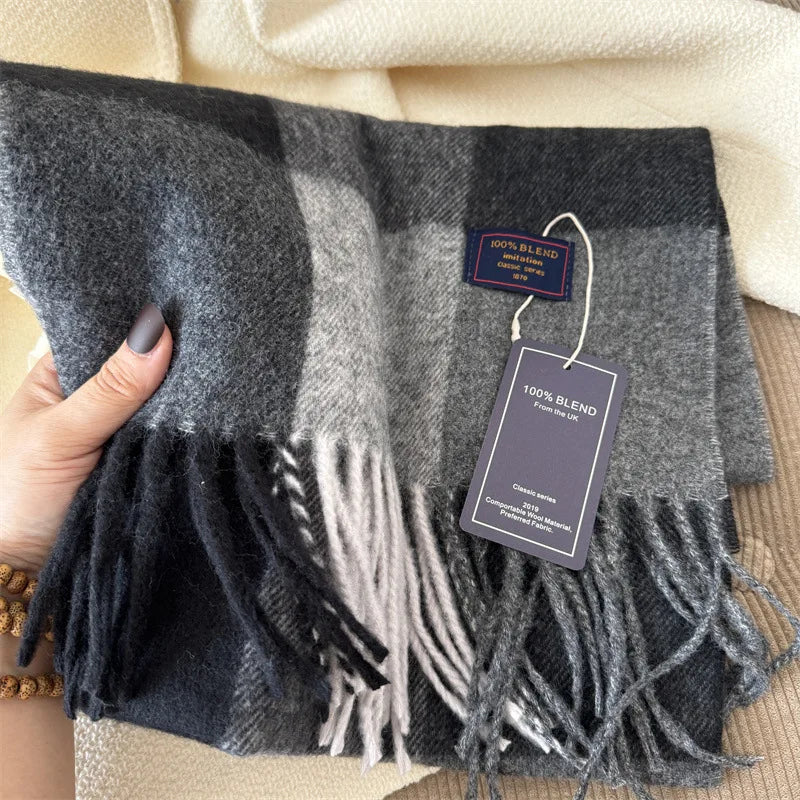 Faux Cashmere Plaid Scarf British Classic Style Light Luxury Unisex Warm Winter Autumn Neck Wrap for Couple