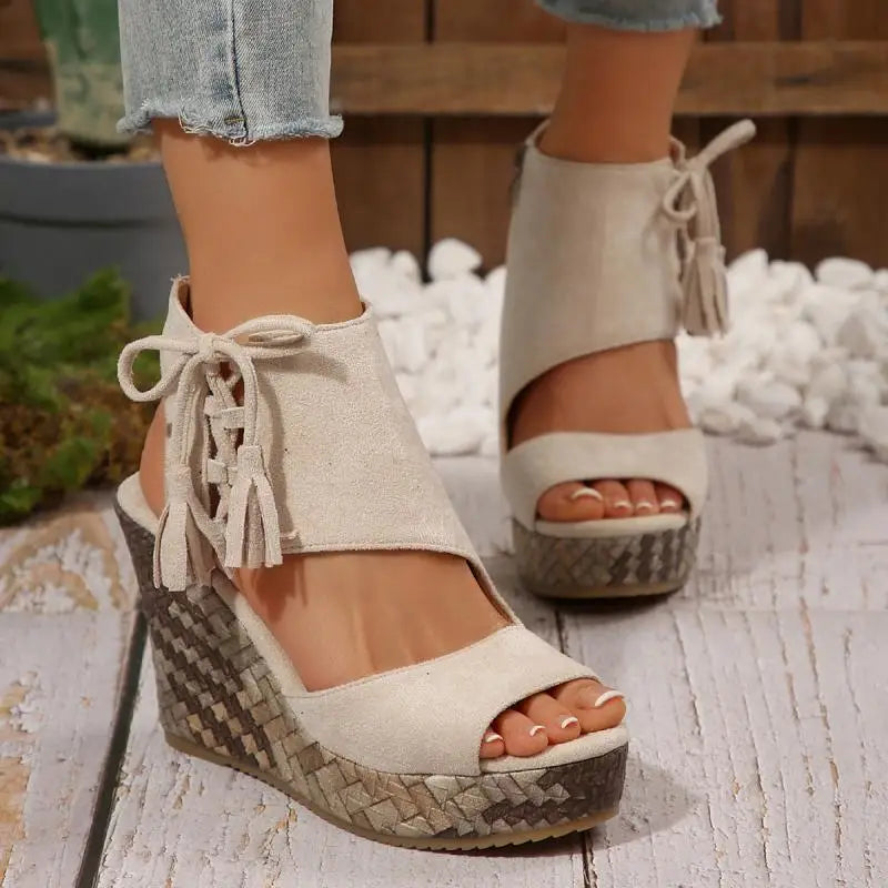 Bohemia Tassel Decoration Side Zip Sandals Women 2026 Summer Chunky Platform Wedge Heel Sandals Sexy Super High Heel Beach Shoes