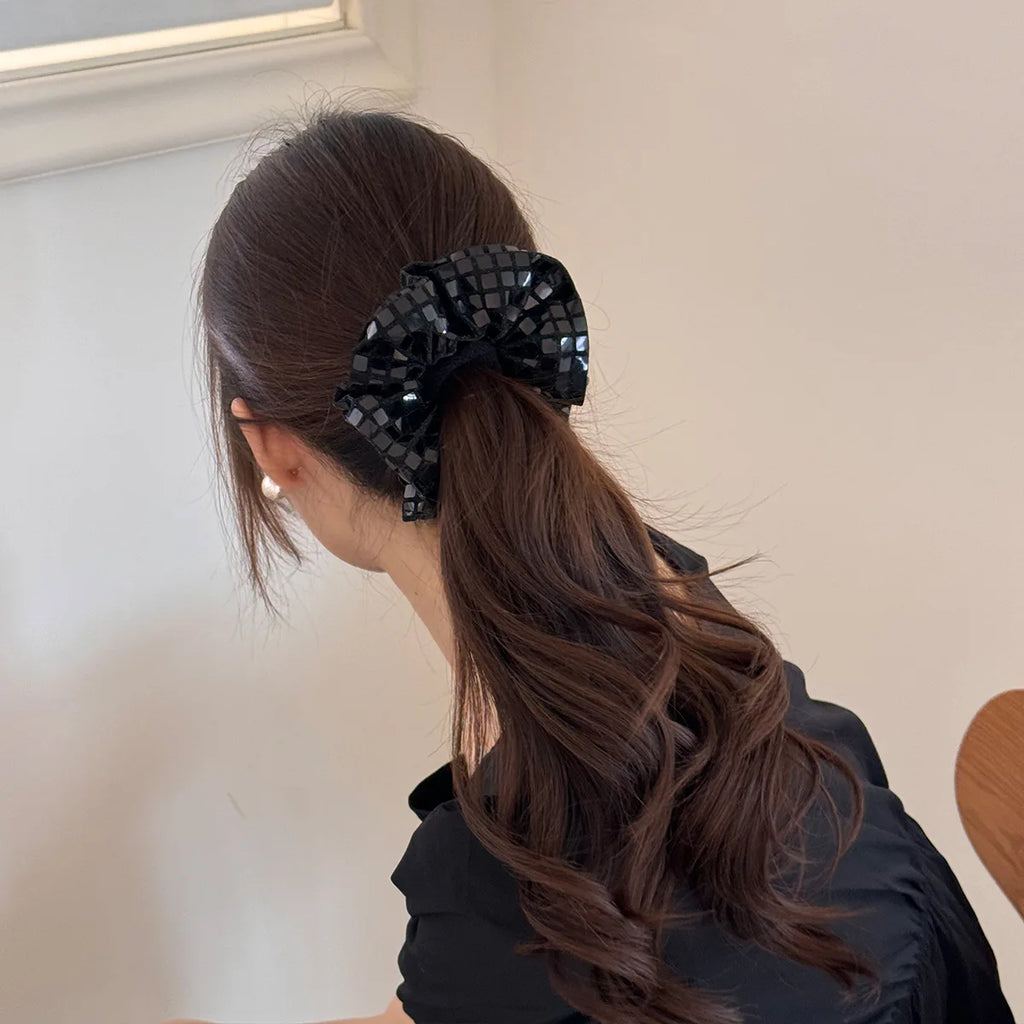 K-style Vintage Glitter Silver Scrunchies Sparkly Hair Ties for Women Chunky Sequin Ponytail Holder Party Elastic Hair Bands