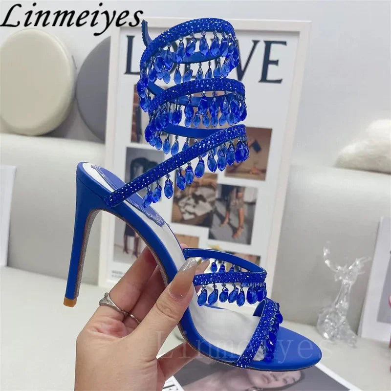 Summer High Heels Sandals Women Rhinestone String Bead Ankle Snake Twine Around Wedding Shoes Lady Gladiator Sandals Woman