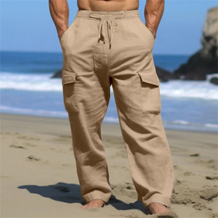 Men's Linen Cargo Pants Drawstring Multi-Pocket Straight Leg Solid Color Breathable Casual Outdoor Trousers