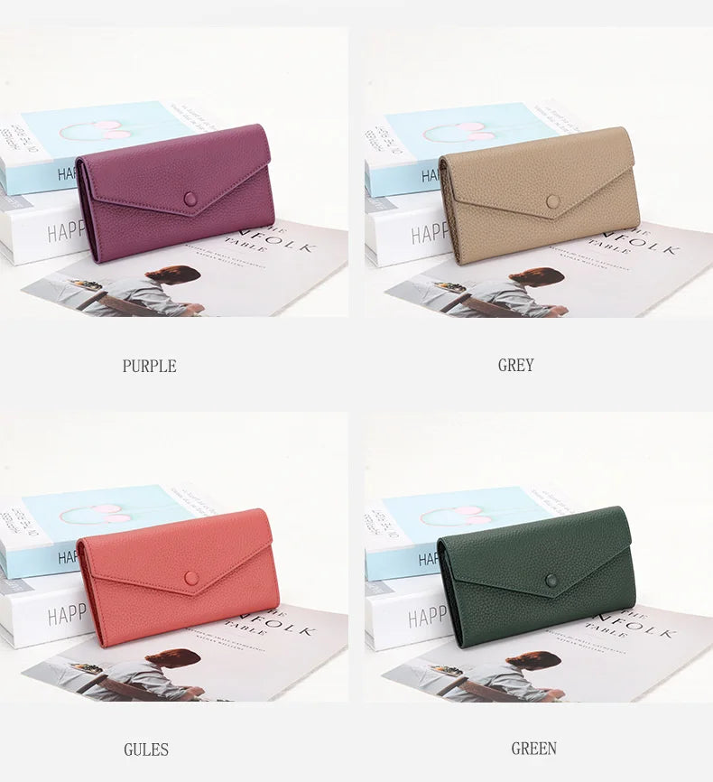 Ladies Genuine Leather Long Wallet Women's Large Capacity Clutch Wallet Envelope Multifunctional Mobile Phone Wallet Purse