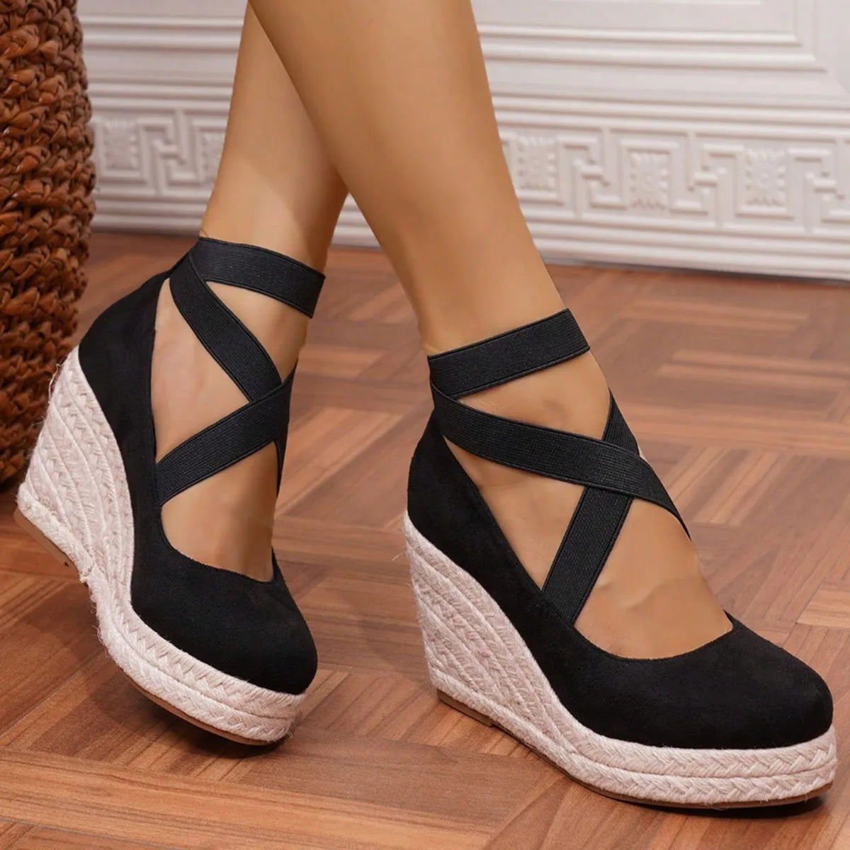 Women's Suede Espadrille Wedge Sandals Closed Toe Elastic Ankle Strap Platform Heels Casual Summer Wedge Shoes Beach Sandals