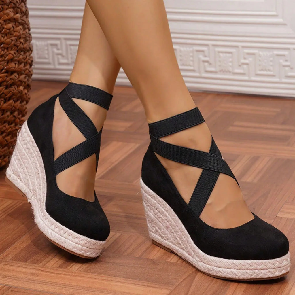 Women's Suede Espadrille Wedge Sandals Closed Toe Elastic Ankle Strap Platform Heels Casual Summer Wedge Shoes Beach Sandals