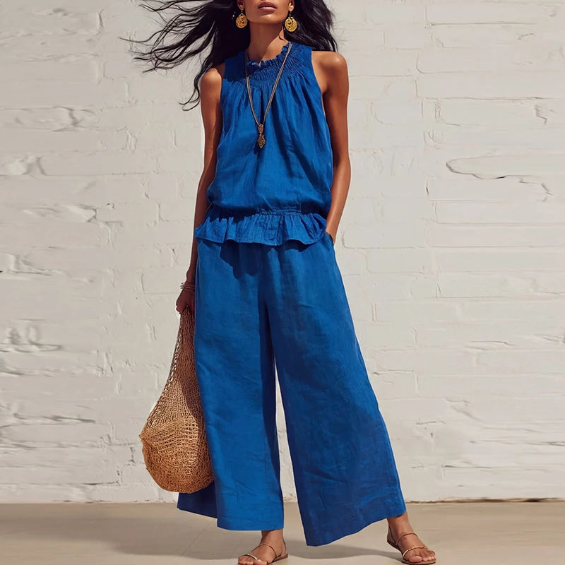 Summer Cotton Linen Solid Color Sleeveless Vest Top Women Pants Suit Casual Pocket Elegant Female Office Retro 2 Piece Set