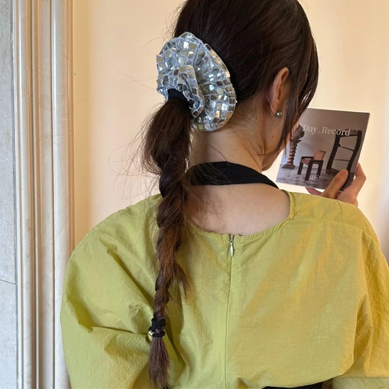 y2k Scrunchies Metal Silver Grid Medium Size Hair Tie Sweet Simple Elastic Hair Band Women Hair Accessories Daily Headwear