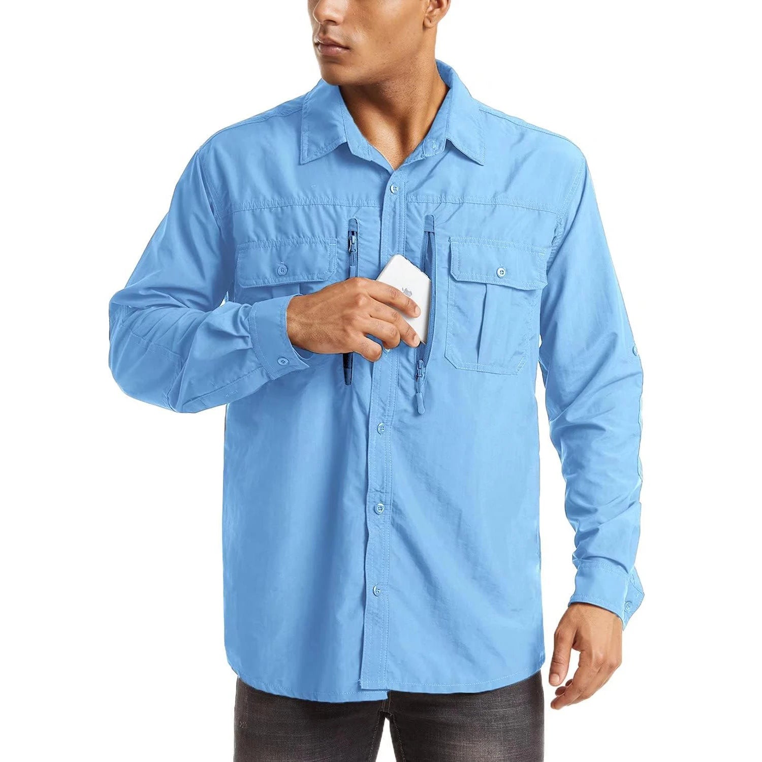 MAGCOMSEN Men UPF 50+ Safari Cargo Shirt Quick Dry Mesh Breathable Long Sleeve Zip Pockets Outdoor Hiking Fishing Work Tops