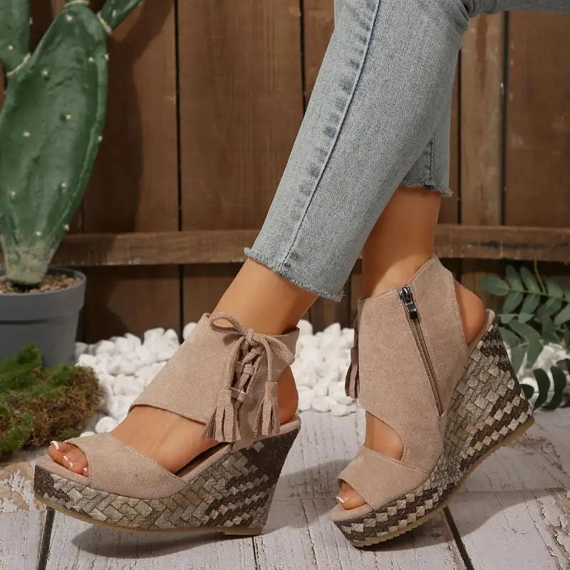 Bohemia Tassel Decoration Side Zip Sandals Women 2026 Summer Chunky Platform Wedge Heel Sandals Sexy Super High Heel Beach Shoes