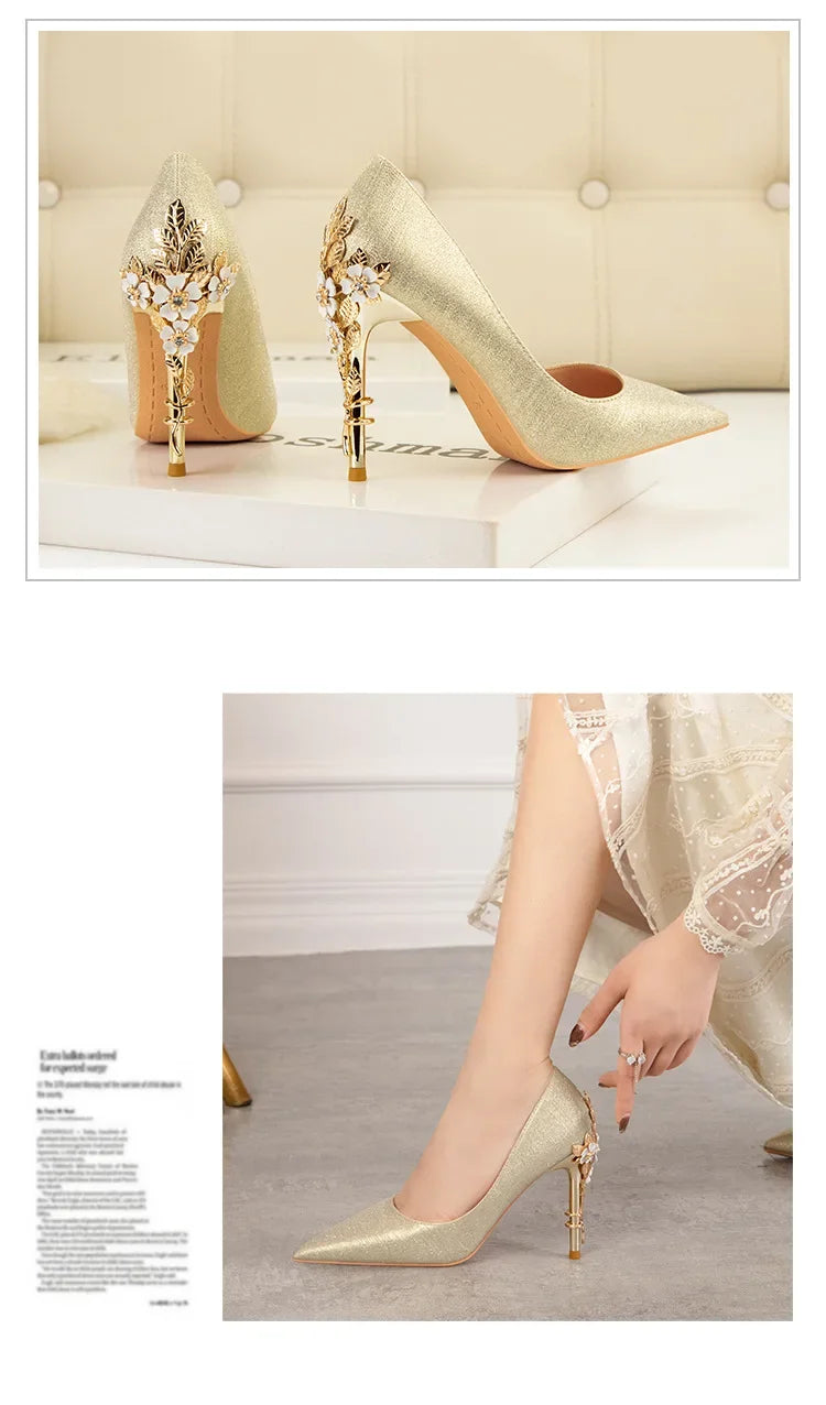 High End Metal Flower High Heels New European American Fashion Luxury Sexy Pointed Women's Shoes Banquet Party Casual Shoes