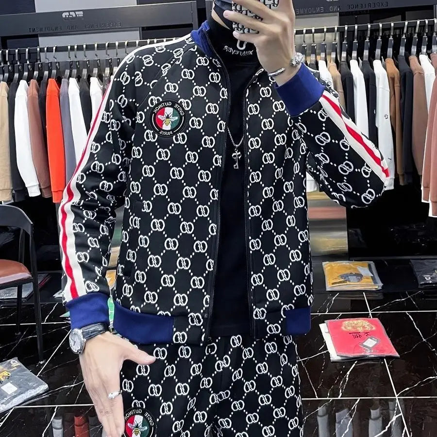 New spring and summer men's high-end sports and leisure trendy brand suit jacket sweater two-piece set large size men's