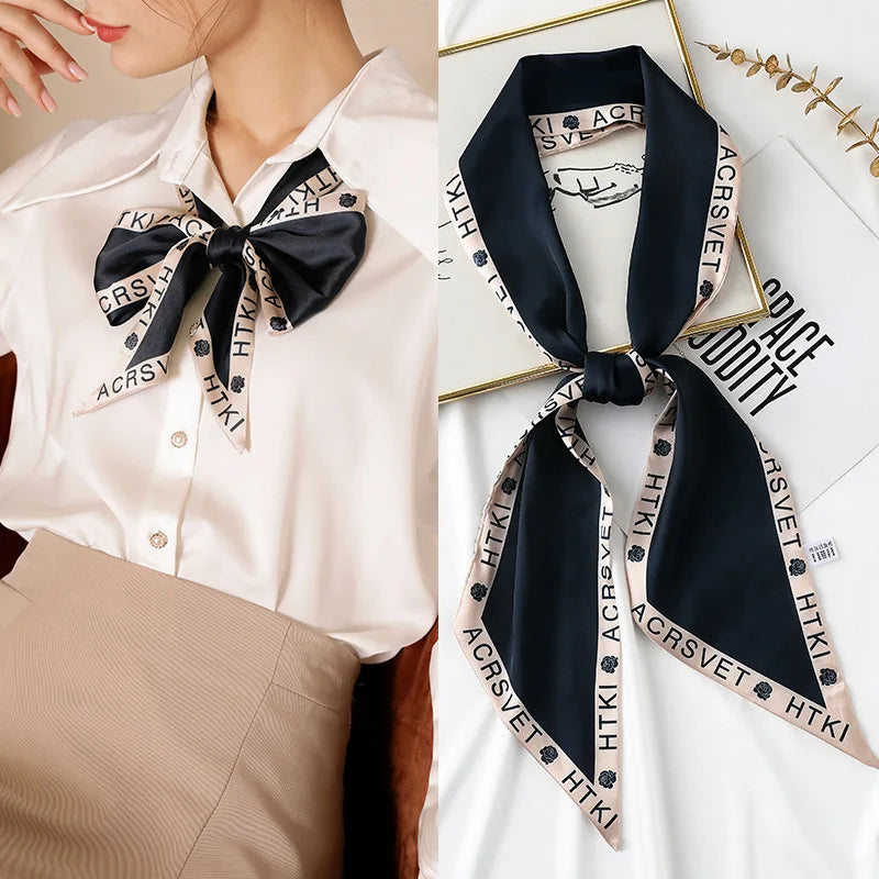 Fashion Blue Print Silk Scarf Women Soft Satin Horse Hairband Bevel Neckerchief Office Hijab Headband Foulard Bag Ribbons Gift