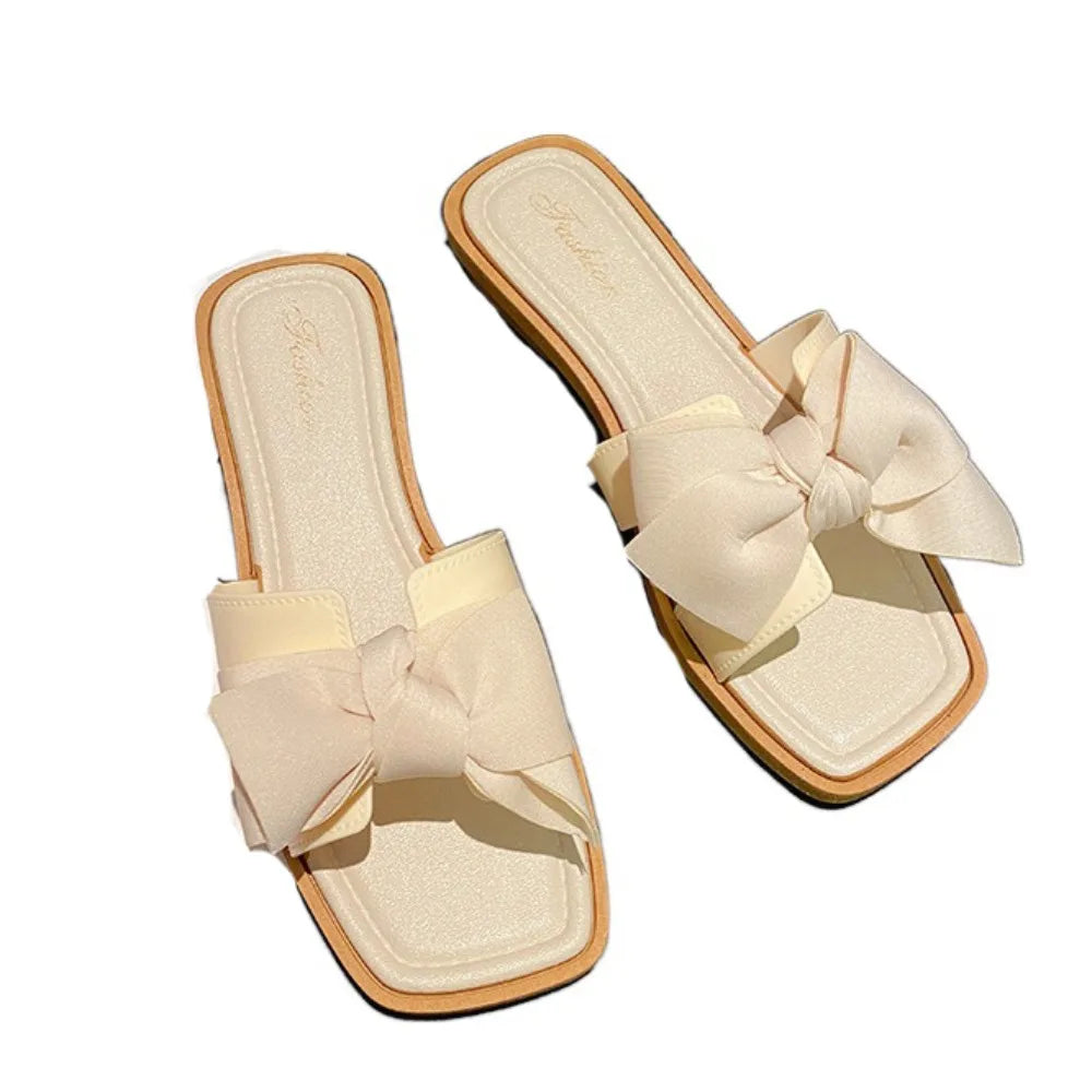 Casual Soft Sole Bowknot Slippers PVC Sweet Flat Slides Sandals Anti Slip Beachwear Slippers Women Summer