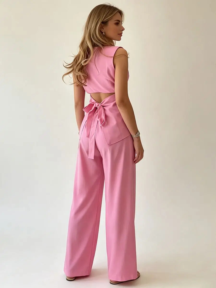 2026 Women Elegant Back Tie Sleeveless Peplum Top + Wide Leg Pants 2 Piece Casual Set