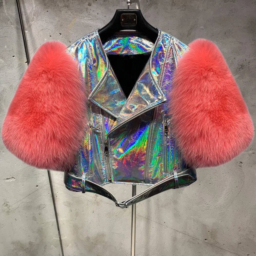 Leather Fur Jacket Natural Fur Sleeve Ladies Short Leather Jacket Real Fox Fur Sleeve Coat Women Autumn 21001-1