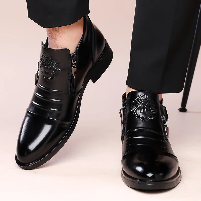 Men's Pointed Toe Dress Shoes Double Side Zippers Business Casual Low Top Boots Comfortable Formal Leather Shoes for Work Office