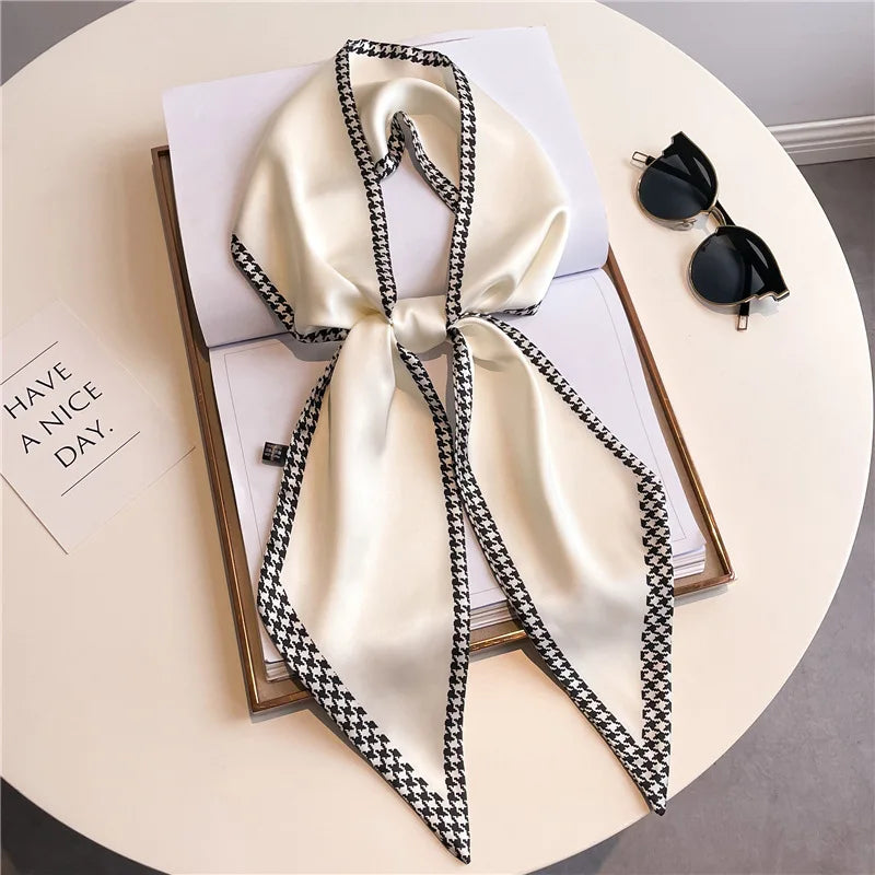 Horse carriage houndstooth decorated summer lightweight scarf fashionable long neckerchief women versatile slim bias-cut ribbon