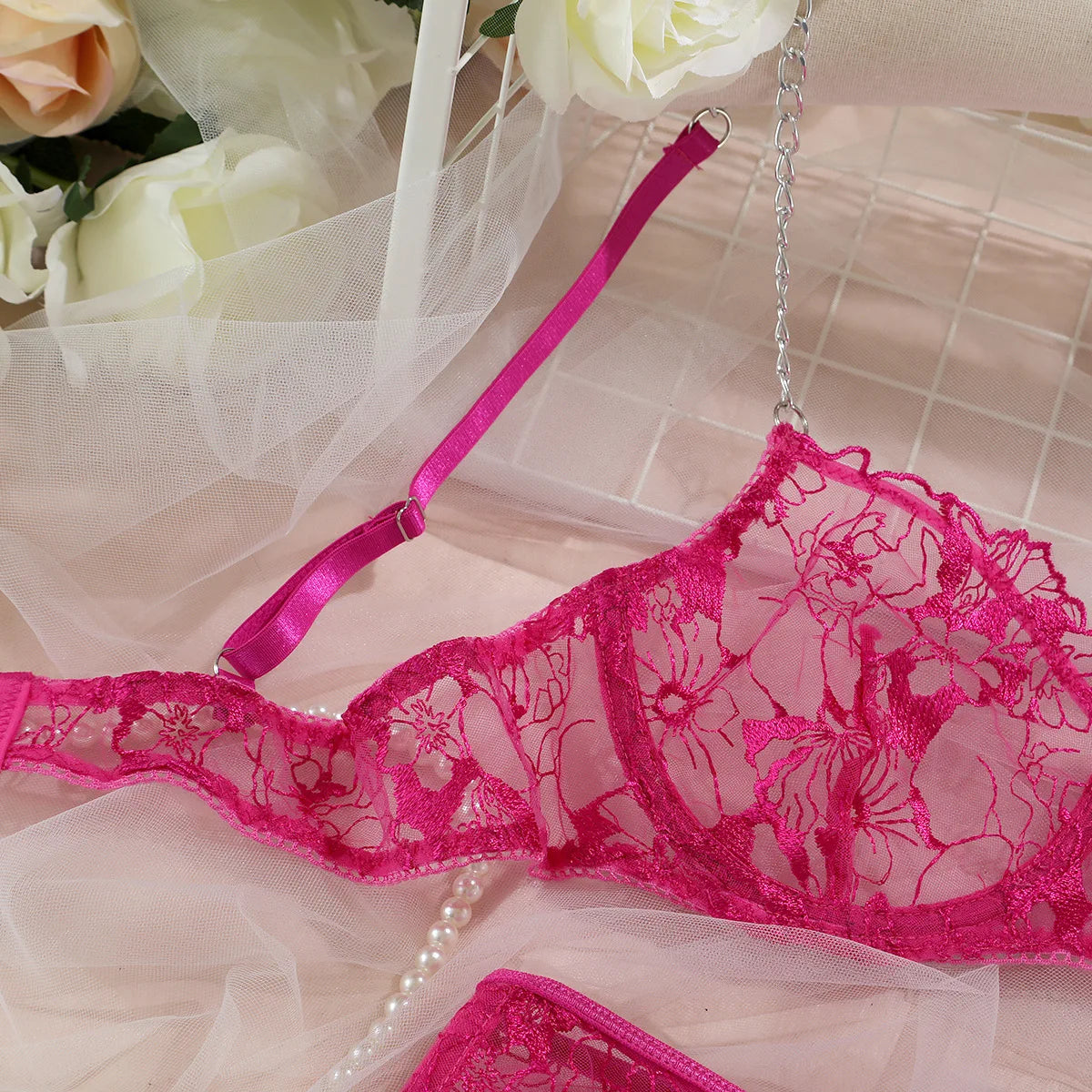 Fancy Floral Embroidery Lingerie Set Sexy Women Transparent Mesh Sheer Erotic Suit Metal Chain Bra Thong Garter Underwear Set