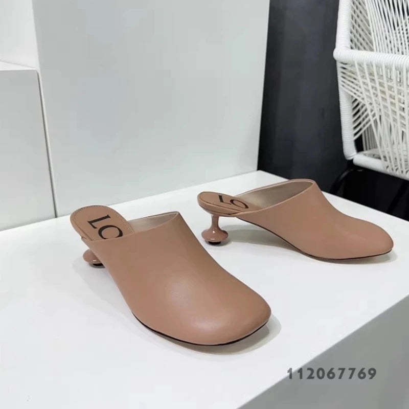White Sheepskin Square Head Women's Slipper Baotou Textured Elegant Commuter Casual Simple Sense of Classic Wine Glass Heels New