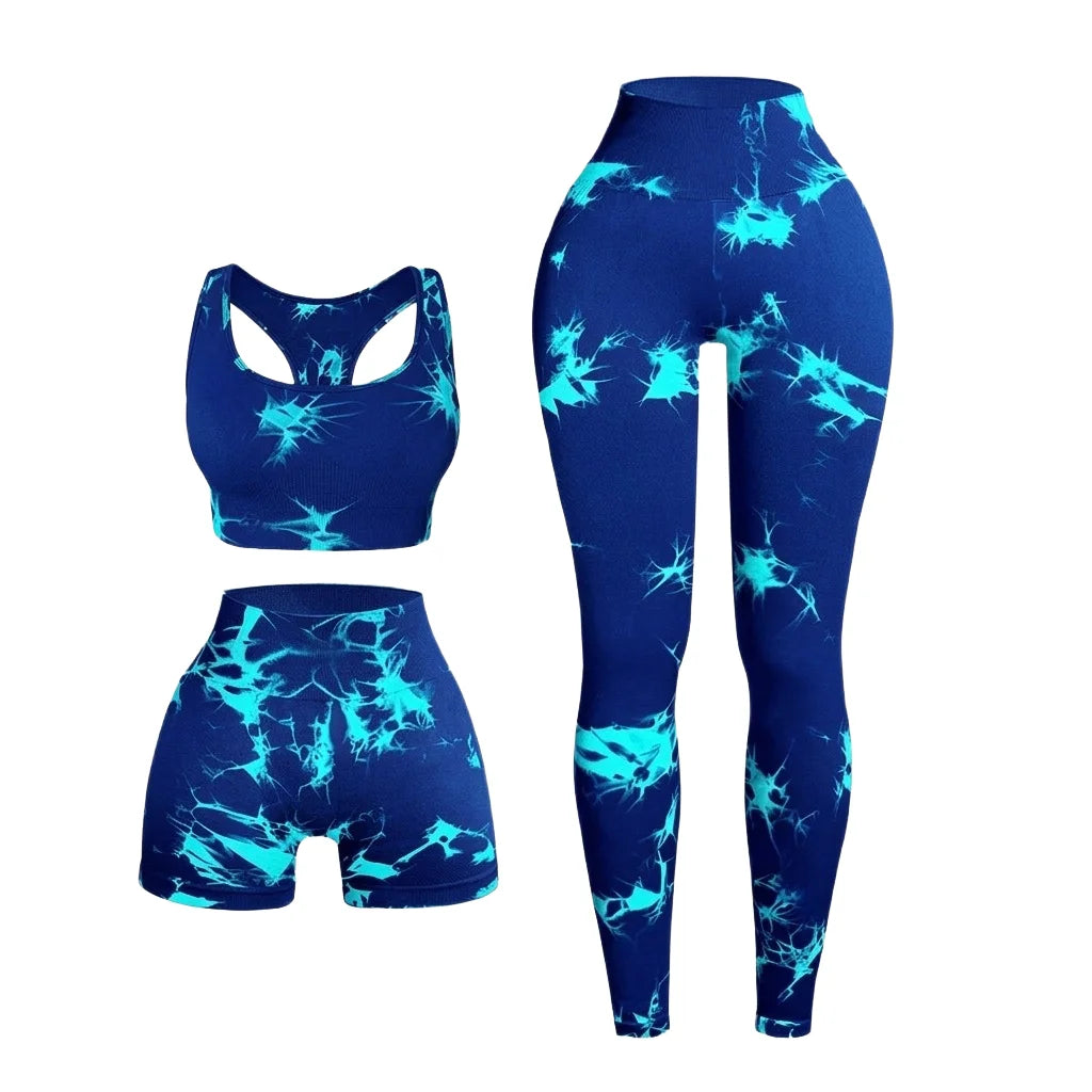 Body Contouring 3 Piece Seamless Yoga Set V-Shape High Waist Leggings Tiger Stripe Sports Bra and Shorts Fitness Wear