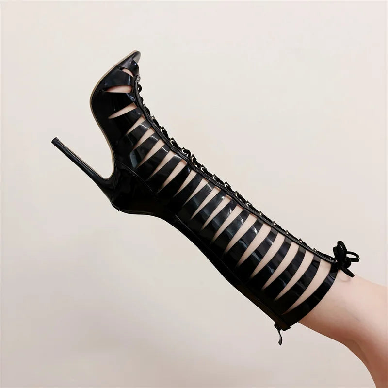 Liyke Fashion Hollow Out Cross Strap Knee High Boots Sandals Women Zip Sexy Peep Toe Stripper Heels Shoes Female Long Booties