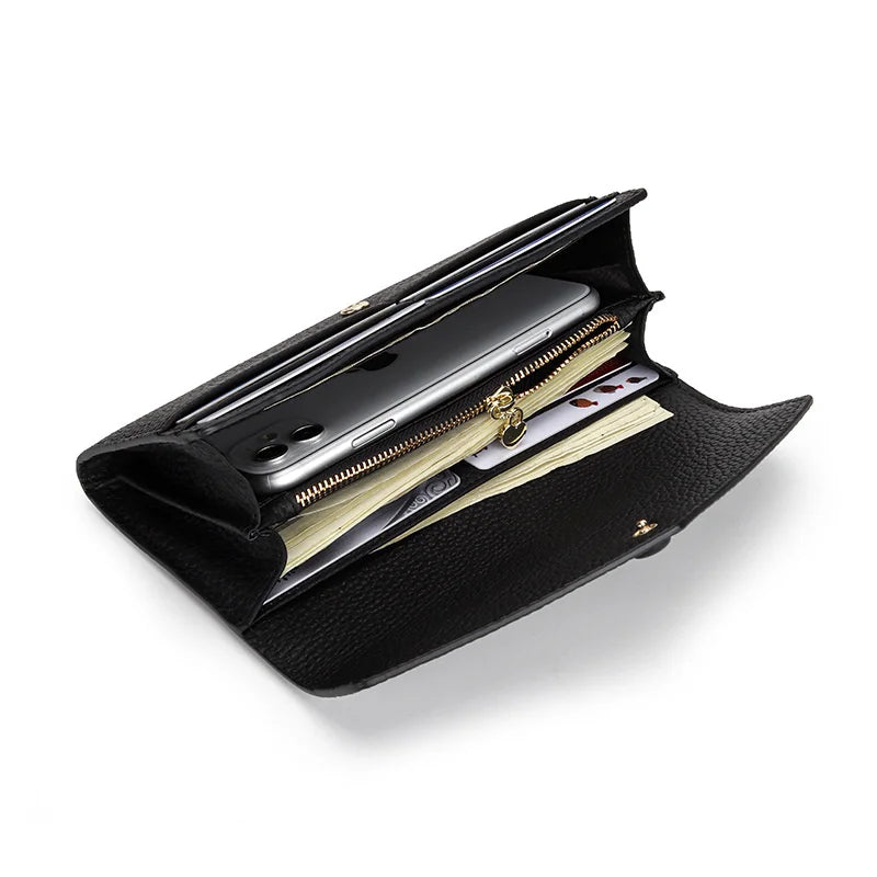 Ladies Genuine Leather Long Wallet Women's Large Capacity Clutch Wallet Envelope Multifunctional Mobile Phone Wallet Purse